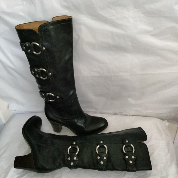 Frye Fiona 3 Strap Black Leather High Heel Womens  riding Boots Size 6M - Picture 13 of 16